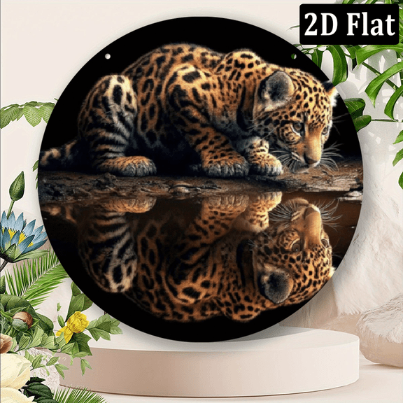 1pc Round Metal Wall Art - HD 2D Printed Leopard & Reflection Design, Durable Aluminum American-Style Decor for Home, Office, Bedroom, Living Room - Animal Theme Wall Hanging Decoration, 8*8inch