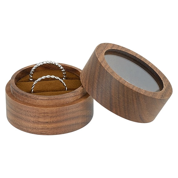 1pc Round Walnut Wooden Engagement Ring Boxes Jewelry Box Storage Case with Clear Acrylic Window for Couple Rings Saddle Brown 4.95x3.5cm