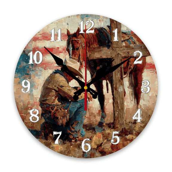 1pc Round Western American Cowman Flag Wooden Wall Clock - Silent Non-Ticking Rustic Farmhouse Decor with American Flag Cowman, Suitable for Living Room, Bedroom, Kitchen - Modern Western Styl