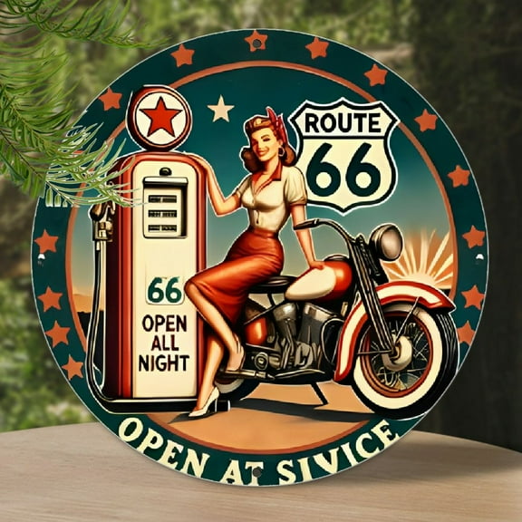 1pc Route 66 Vintage Gas Station Sign, 8x8 Inch Round Aluminum Wall Decor, Retro Open All Night Service Plaque for Home, Cafe, Restaurant, Garage Decoration
