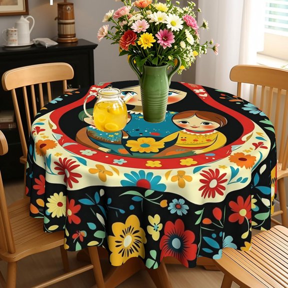 1pc Russian Nesting Doll Flower Folk 2D Printed Round Tablecloth, Cover for Xmas Kitchen Patio Dining, Christmas Gift for Folk Art Home Decor Lovers