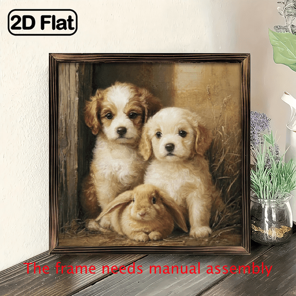 1pc Rustic Adorable Puppies and Bunny Frame Wooden Sign, Countryside Animal Theme Wall Art, Wall Decoration, Rustic Style Wall Decor for Living Room, Bedroom, Farmhouse, Kitchen.8*8in