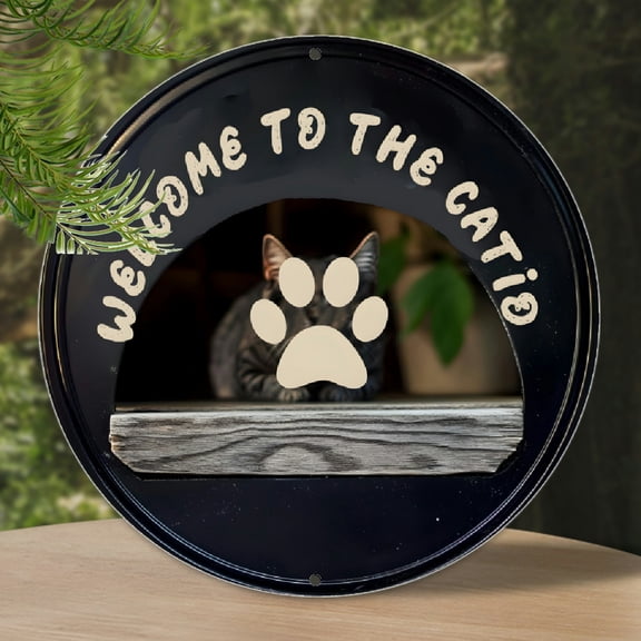 1pc Rustic Aluminum Sign, Cat Lover Gift Idea - "Welcome to the Catio" Round Metal Sign | 8-Inch Aluminum Plaque for Kitty Owners & Crazy Cat Ladies