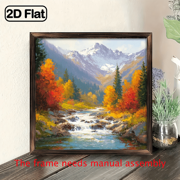 , 1pc Rustic Autumn Mountain River Landscape Wooden Wall Art 8x8 Natural Wood Sign, Vintage Farmhouse Style Wall Decor with Vibrant Fall Foliage Mountain River Scene for Living Room, Bedroo