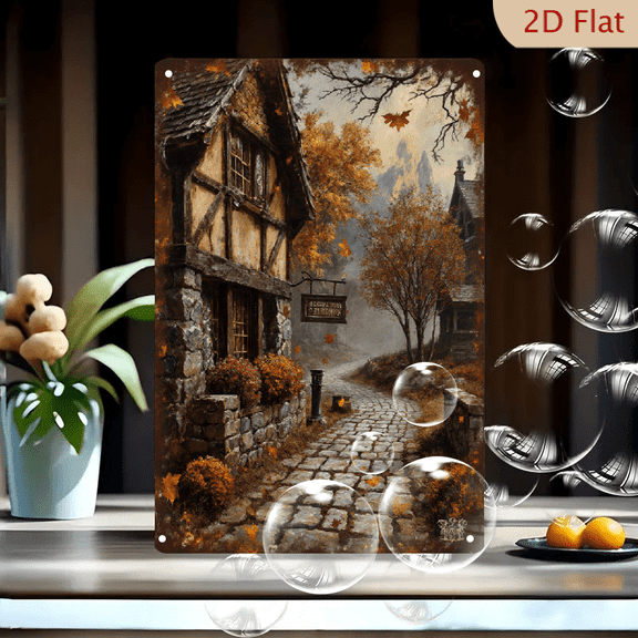1pc Rustic Autumn Village Metal Wall Art, 8x12 Inches, Cobblestone Path with Half-Timbered Houses and Restaurant Sign, Impressionist Fall