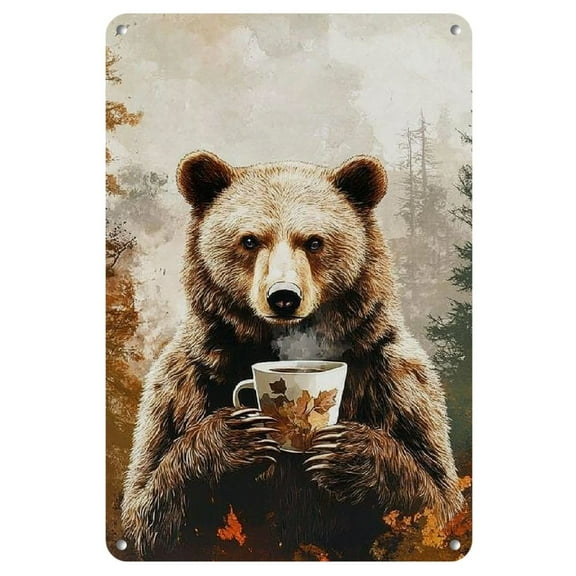 1pc Rustic Bear with Coffee Iron Sign - 8x12" | Cozy Autumn Forest Scene Wall Art | Perfect for Home Bar, Pub, Cafe, Living Room Decor | Easy-to-Install | Unique Gift Idea, Perfect for Room Decor