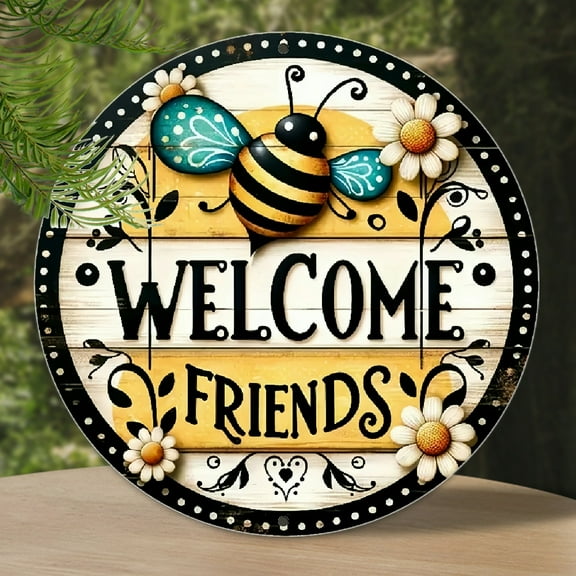 1pc Rustic Bee & Daisy Wreath Welcome Sign, Round Aluminum Metal Wall Hanging Plaque, Vintage Indoor Outdoor Home, Room, Restaurant, Cafe, Door, Patio, Garage Decor Round Shaped Aluminum Sign, 8x8 in