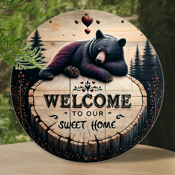 1pc Rustic Black Bear Welcome Sign - 8 Round Sign Wall Decor with Cozy Forest Scene, Perfect for Home or Cabin Sweet Home Decoration, Seasonal Decoration Natureinspired Design  Artificial Metal Sign