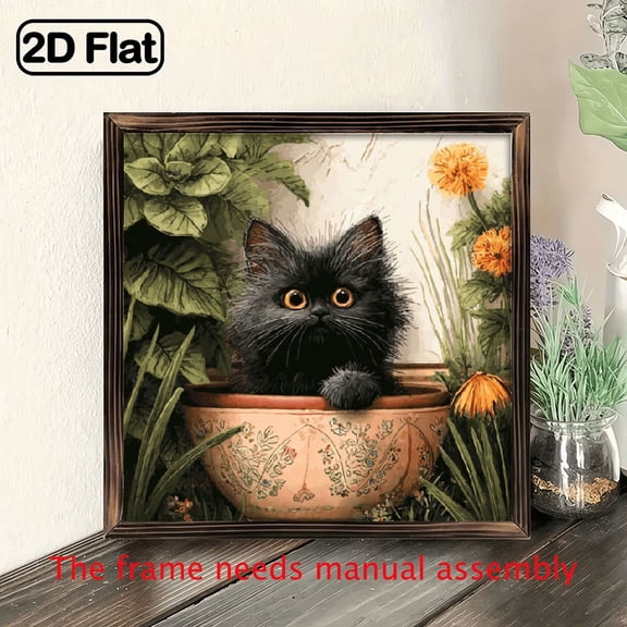 1pc Rustic Black Cat in Floral Bathtub Wall Art, 8x8 Inch Vintage Wooden Frame, Lightweight Polished Surface, Ideal for Home, Kitchen, Office, Cafe, Farmhouse Desk Decor, Perfect Gift for Cat Lovers