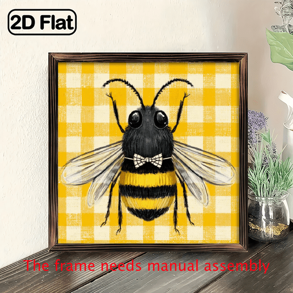 1pc Rustic Bumble Bee Wall Art - Wood Framed Bee Sign with Wood Frame, Farmhouse Yellow Bumble Bee Decor Suitable for Porch, Garage, Office - 8x8 Inch.