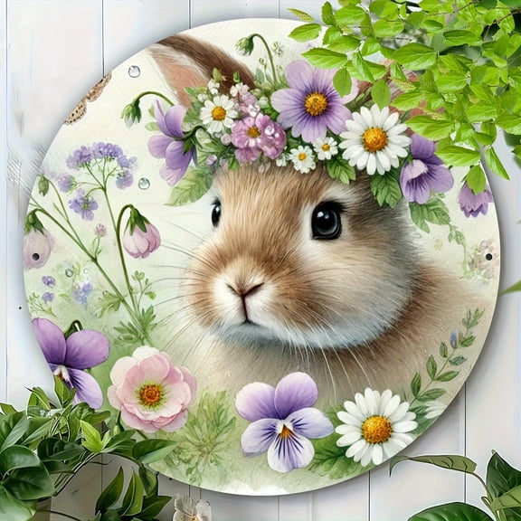 1pc Rustic Bunny Metal Wall Art, 8" Round Aluminum Sign with Colorful Spring Flowers, Easter Home Decor, Bar, Cafe, Bunny Decor, Whimsical Design, Decorative Plaque, Bar Owners, 2D Flat, Gift Ideal