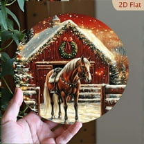 1pc Rustic Christmas Horse Wall Art - 8*8 Inch Round Metal Sign, Aluminum Holiday Decor with Festive Barn Scene & Snowy Landscape, Perfect for Winter Parties & Seasonal Ambiance, Farmhouse Christmas