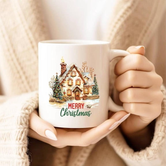 1pc Rustic Christmas House Ceramic Mug Large Insulated Coffee Cup with Handle Reusable Festive Holiday Tea Cup Men Women Unique White Elephant Present