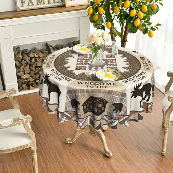 1pc Rustic Christmas Moose Bear Cabin Pine WELCOME 2D Printed Round Tablecloth, Suitable For Kitchen Patio Holiday Gatherings, Lovely Festival Gift For Cabin Home Decor Fans