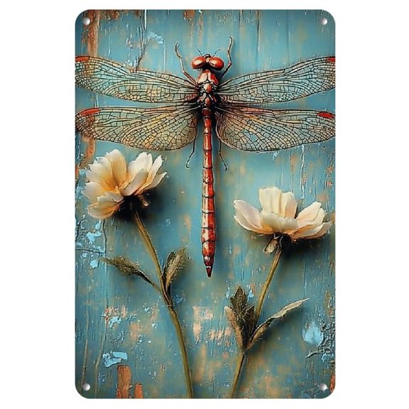 1pc Rustic Dragonfly& Floral Metal Wall Art, 8x12 Vintage Iron Sign with Teal Distressed Background- Easy-to-Install Farmhouse Decor Home& Office, Dragonfly Decor, 2D, Room Decor Iron