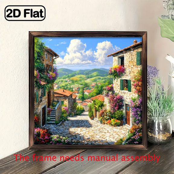 1pc Rustic European Village Street Scene Wooden Wall Art - Vintage Farmhouse Decor, 8x8 Inch Recycled Artificial Wood Sign for Living Room, Bedroom, Kitchen, Office, Home Decor, Romantic Deco