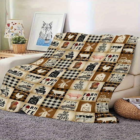 1pc Rustic Farm Animal Print Flannel Blanket - Reversible, All Seasons Multipurpose Polyester Throw with Country Style Design
