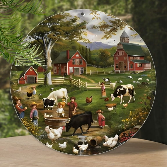 1pc Rustic Farmhouse Aluminum Round Wall Art, Country Life Scene with Morning Chores, Heartwarming Farmer Family Barnyard Illustration, Vibrant Green Meadow & Countryside, Perfect for Anniversary