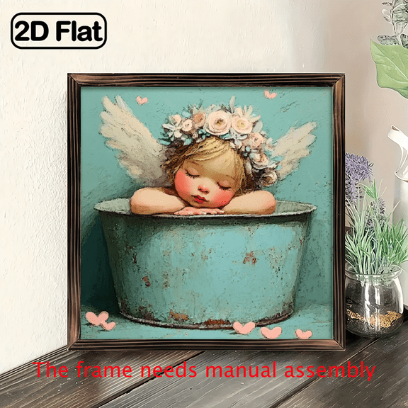 1pc Rustic Farmhouse Angel Child in Bucket with Hearts Wall Art - 8x8 Inch Wood Framed Painting, Sleeping Angel Picture for, Bathroom, Valentine's Day Christmas Gift Sign.