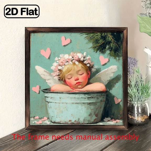 1pc Rustic Farmhouse Angel Child in Bucket with Hearts Wall Art - 8x8 Inch Wood Framed Painting, Sleeping Angel Picture for, Bathroom, - Valentine's Day Christmas Gift Sign, Easy Hook Installation