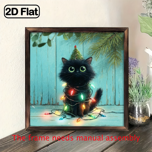 1pc Rustic Farmhouse Black Cat Christmas Tree Framed Wall Art 8x8 Inch HandPaintedStyle Wood Sign with Twinkling Lights, Turquoise Background White Frame, Outdoor Holiday Decor