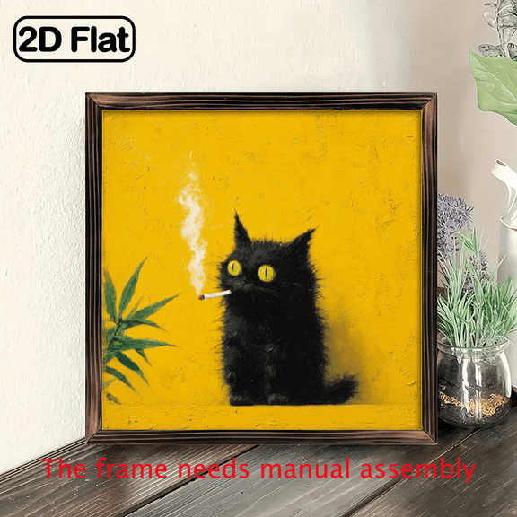 1pc Rustic Farmhouse Black Cat Smoking Vintage Wall Art - Wood Framed 8x8 Inch Painting, Whimsical Animal Floral Theme, Perfect for Living Room, Bedroom, Kitchen, Office Decor, Ideal Housewarming