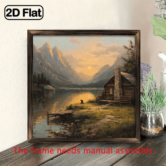 1pc Rustic Farmhouse Cabin Wall Art Wooden Framed Sign with Lakeside Cabin, Pine Trees, Ready-to-Hang Country Living Room, , Cabin Decor Housewarming or Christmas Gift 8x8 Inch