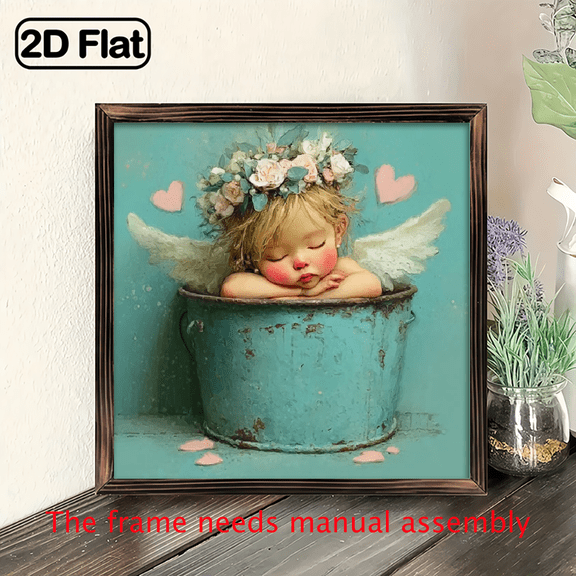 1pc Rustic Farmhouse Child in Bucket with Hearts Wall Art - 8x8 Inch Wood Framed Painting, Sleeping Angel Picture for, Bathroom, Valentine's Day Christmas Gift Sign.