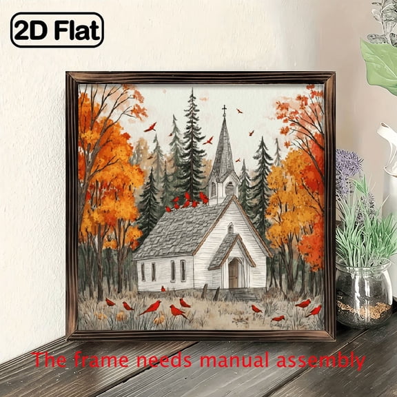 1pc Rustic Farmhouse Church Wall Art 8x8 Inch Wood Framed Autumn Scene with Red Birds Vibrant Fall Foliage, Perfect for Living Room, Office, or Holiday Decor, Ideal Gift for Home Decoration