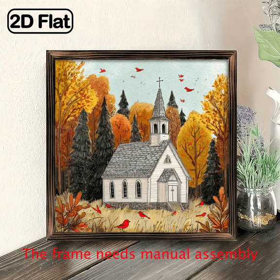 1pc Rustic Farmhouse Church Wall Decor 8x8 Inch Wood Framed Autumn Scene with Red Birds Church, Vintage Fall Foliage Painting in Warm Orange, Yellow, Red, Brown Green Hues Artificial Wood Frame