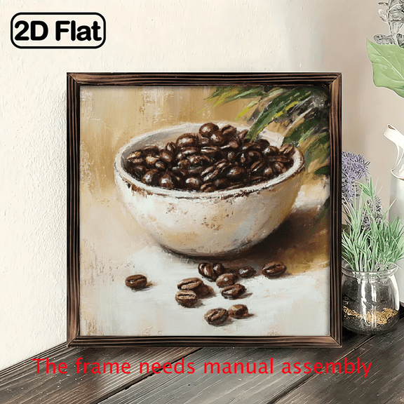 1pc Rustic Farmhouse Coffee Bean Painting - Brown Wooden Framed Wall Art Sign with Coffee Cup Beans Design, Vintage Kitchen Barista Decor, 8x8in Reusable Wood Plaque for Home, Cafe.
