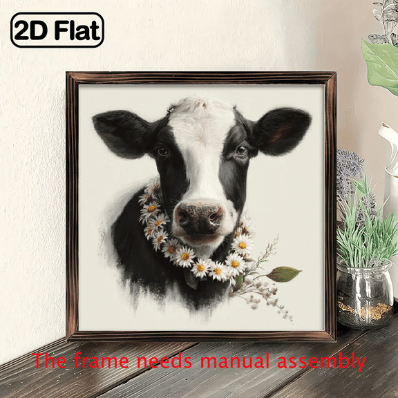 1pc Rustic Farmhouse Cow Daisies Wooden Wall Decor Sign 8x8 Inch, Vintage Style Frame with Floral Accents, Perfect for Kitchen, Bedroom, Living Room, or Office, Cow Deco
