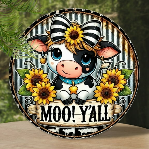 1pc, Rustic Farmhouse Cow & Sunflower Theme, 8x8 inch Round Aluminum Sign, Moo! Y'all Wall Art, HomeCafeApartment & Outdoor Decor, Rust-Proof & Waterproof, Perfect Festive Gift Metal Sign Wall Decor