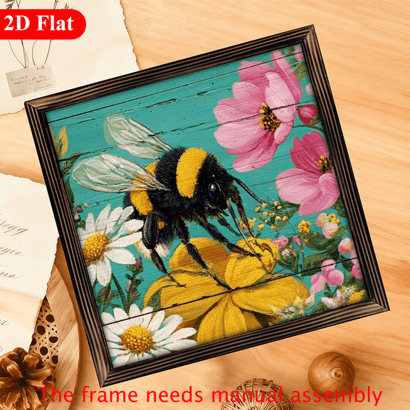1pc, Rustic Farmhouse Decorative Sign Bumblebee On Colorful Flowers Painting Art Sign12x12 Inch, with Framed New Home Decor Sign for Bedroom, Porch, Cafe, Bar, Garage, Perfect Holiday Gift