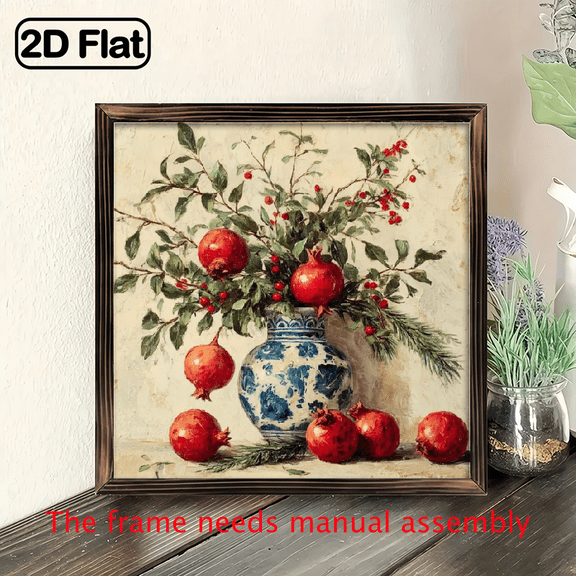 1pc Rustic Farmhouse Decorative Sign - Vintage Pomegranate Leaf Painting Art in Wooden Frame, Red Berries Green Leaves Wall Hanging with Hook, IndoorOutdoor Country Style Decor for Home, 8*8in