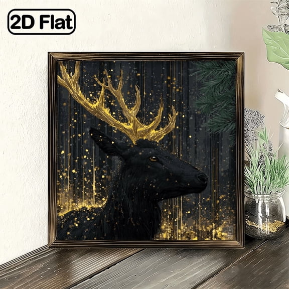 1pc Rustic Farmhouse Deer Wall Art Black Deer with Golden Antlers Spots, 8x8 Inch Framed Wooden Painting, Winter Cabin Decor for Christmas, Living Room, Bedroom, Bathroom Indoor Holiday H