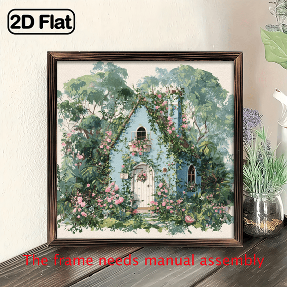 1pc Rustic Farmhouse Garden Villa Wooden Framed Sign Charming Cottage Scene with Roses Lantern, 8x8 Inch, Perfect for Home, Porch, Office Decor, Ideal Holiday Gift, Rustic Farmhouse Decor