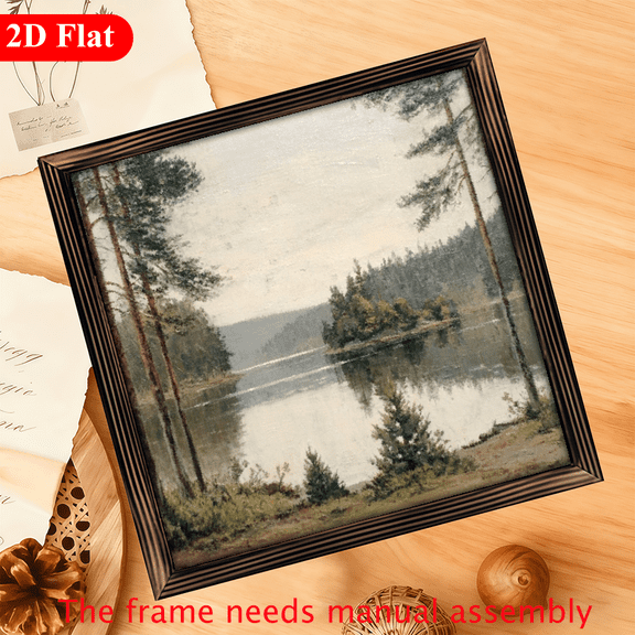 1pc Rustic Farmhouse Pine Tree Forest Landscape Wooden Wall Art Sign12x12inch Handcrafted Wood Vintage Lakeside Sunset Nature Scene with Pine Trees Lake, Earthy Hues Finish Horizontal Wall De