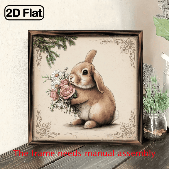 1pc Rustic Farmhouse Rabbit Wall Art - 8x8 Inch Wood Square Frame with Brown Bunny Pink Roses, Beige Vintage Easter Sign for Home,, Office - Easy-Hang HorizontalVertical Picture Frame, Pastel Spring