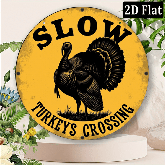 1pc Rustic Farmhouse Slow Turkeys Crossing Round Metal Sign, Vintage Aluminum FoilCarved Plaque, Novelty Hippie Garden Decor, Ideal for Outdoor, Patio, Gardening, Office, Gift for Women 8*8in