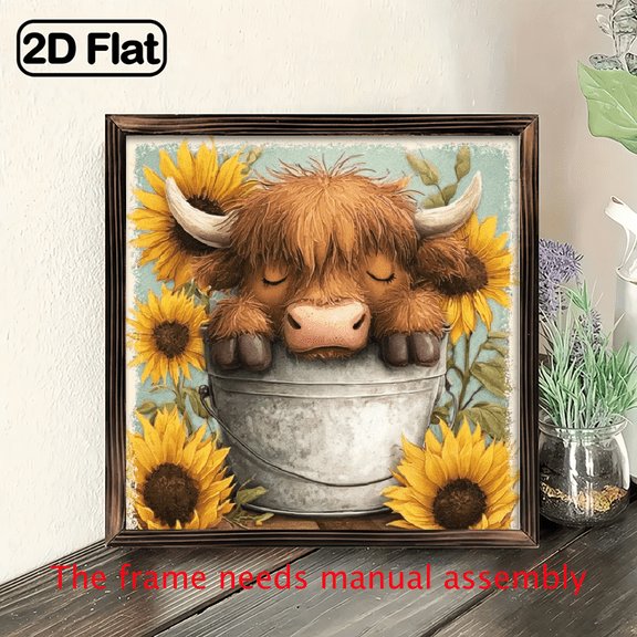 1pc Rustic Farmhouse Wall Decor - Highland Cow in Sunflower Bucket Watercolor Art on Recycled Wood, 8x8 Inch Vintage Home Decoration for Kitchen.