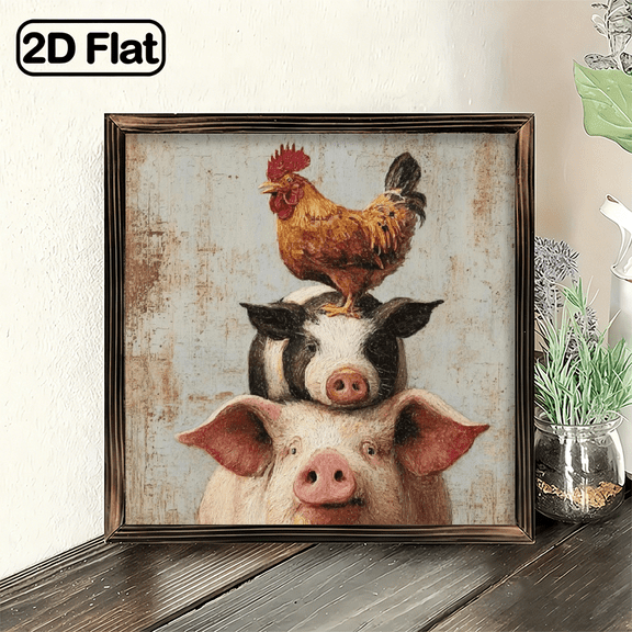 1pc Rustic Farmhouse Wall DecorStacked Chicken Cow Pig Wooden Sign with Recycled Wood Frame, 8x8 Inch Country Kitchen Living Room Bedroom Office Decoration, No Electricity Needed, Cow Kitch