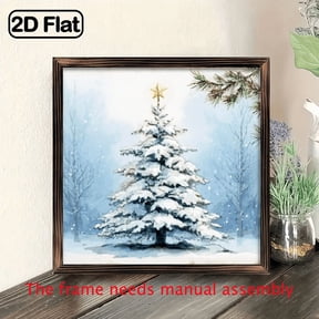 1pc Rustic Farmhouse Winter Wonderland Snow-Covered Christmas Tree Framed Wall Art - 8x8in Solid-Look Golden Frame, Snowy Pine Trees Painting for Holiday Dcor, Bedroom, Bathroom Xmas Tabletop