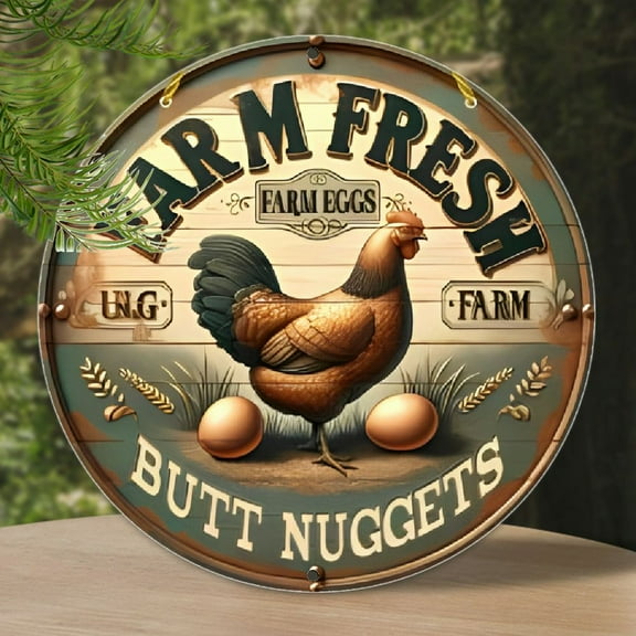 1pc Rustic Farmhouse Wooden Sign, 8x8 Inch Round Chicken Coop Decor, Vintage Farm Fresh Eggs Wall Art, Antique Kitchen & Outdoor Decorative Plaque, Home Wall Hanging with Safe Rounded Corners and Easy