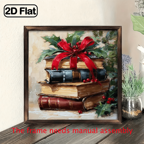 1pc Rustic Farmhouse Wooden Wall Decor - Stack of Books with Holly Red Bow Painting Art, 8*8in Natural Wood Grain Christmas Decoration for Holiday Party, Bathroom, Bedroom.
