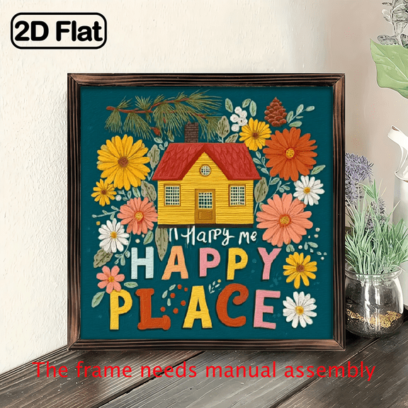 1pc Rustic Farmhouse Wooden Wall Sign This Is My Happy Place - Turquoise White Chalkboard-Style Framed Plaque with Colorful Floral House Design, Cursive Lettering Wood Grain Texture, 8x8in