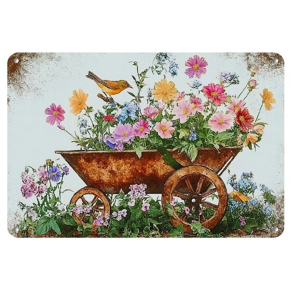 1pc Rustic Floral Wheelbarrow Metal Tin Sign, 12x8 Inches, Vintage Wall Art Decor for Home, Kitchen, Cafe, Bar, Garage, English Language, High-Quality Wall-Mounted Retro Plaque