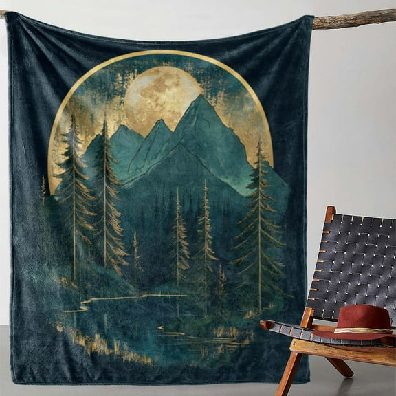 1pc, Rustic Forest Moon & Mountain Print Throw Blanket, Soft Plush Fleece, Versatile for Sofa, Bed, Car, Office, Camping, Travel, All-Season Gift, Mixed Colors