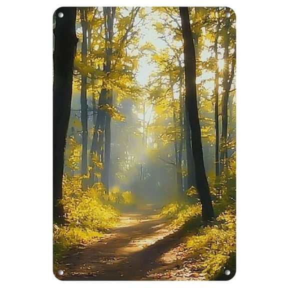 1pc Rustic Forest Pathway Iron Wall Art - Vintage Style Decorative Painting with Soft Warm Tones, Ideal for Home and Holiday Decor, Frameless Square Vertical Scenery, Tranquil Wall Art