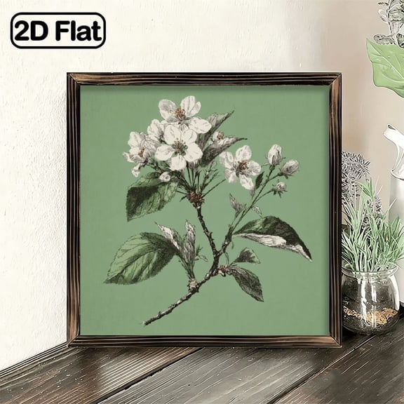 1pc Rustic Green White Floral Wooden Photo Frame Wall Art Dark Olive-Green Horizontal Board Picture, Farmhouse Botanical Leaf Design for Christmas Valentine's Day Gift, Decoration Suitabl